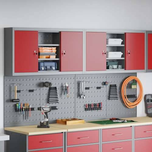 Set Alatnog Ormarića i Ploče s Kuka 4 Dijela Montirano na Zidu Crveni Metal Cijena