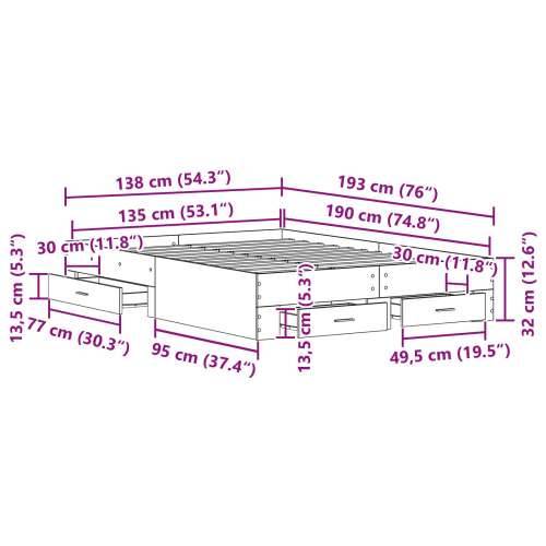 Okvir kreveta s ladicama Crni hrast 135x190 cm Konstrukcija od kompozitnog drva Cijena