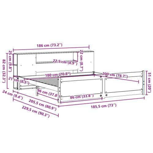 Krevet s regalom za knjige bez madraca 180x200 cm od borovine - Prirodna 180 x 200 cm Cijena