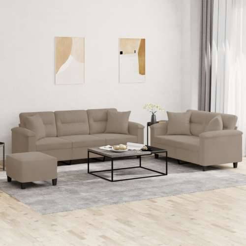 3-dijelni set sofa s jastucima smeđesivi od mikrovlakana - Sivo-smeđa s jastucima i tabureom Cijena