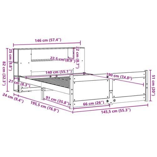 Krevet s regalom za knjige bez madraca 140x190 cm od borovine - Prirodna 140 x 190 cm Cijena