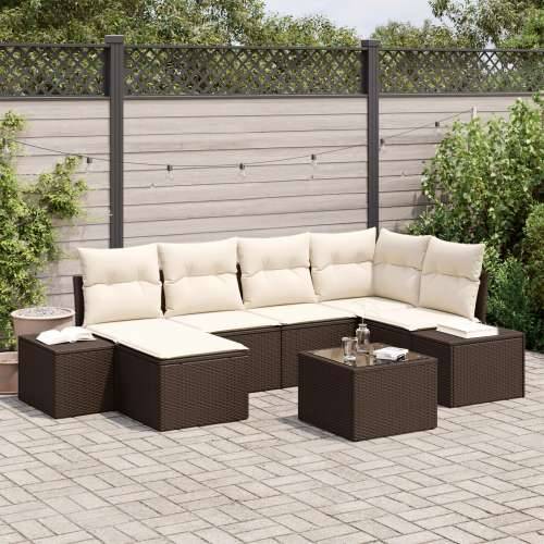 Vrtni Sofa Set Set od 7 Smeđa i krema Ratan i tkanina Cijena