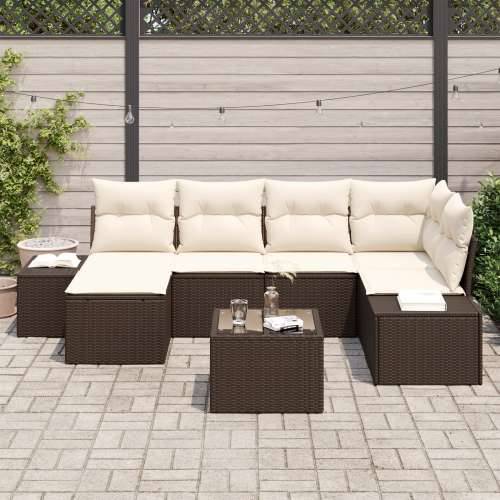 Vrtni Sofa Set Set od 7 Smeđa i krema Ratan i tkanina Cijena