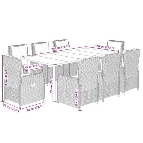 Vrtna garnitura - 9-dijelni vrtni blagovaonski set od poliratana s jastucima bež - bež i krem ​​bijela 200 x 100 x 74 cm 8 Cijena
