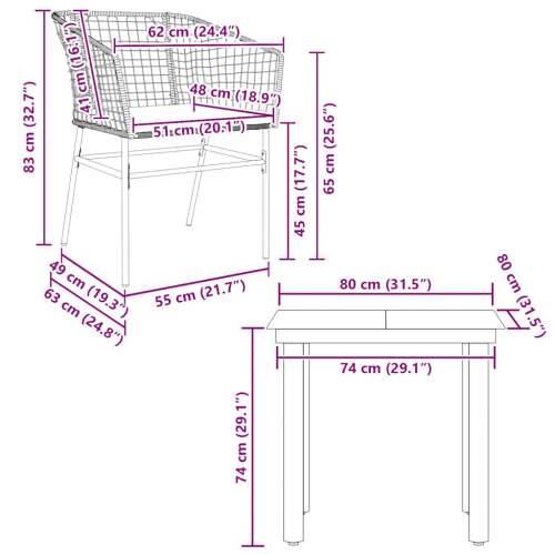 Vrtna garnitura - 3-dijelni vrtni blagovaonski set s jastucima poliratan i staklo - Smeđa i krem ​​bijela 80 x 80 x 74 cm 2 Cijena