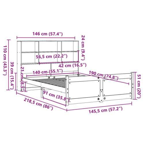 Krevet s regalom za knjige bez madraca 140x190 cm od borovine - Prirodna 140 x 190 cm Cijena