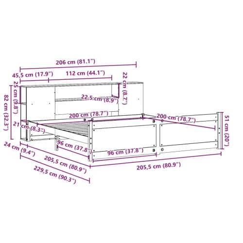 Krevet s regalom za knjige bez madraca 200 x 200 cm od borovine - Prirodna 200 x 200 cm Cijena