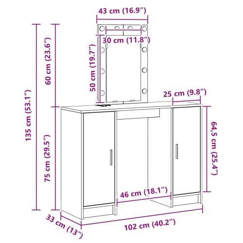 Toaletni Stol s LED Svjetlima Dimljeni Hrast 102x33x135 cm Cijena