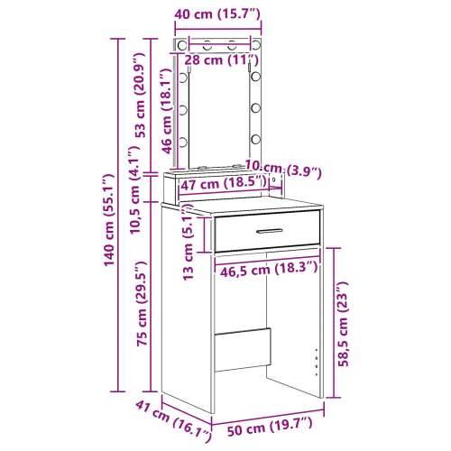 Toaletni Stol s LED Osvjetljenjem - Sonoma Hrast - 50x41x140 cm Cijena