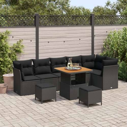 Set vrtnih sofa 9 kom s jastucima Crni Poli Ratan Akacija, Set vrtnih obroka 3 kom s jastucima Crni Poli Ratan Akacija Cijena