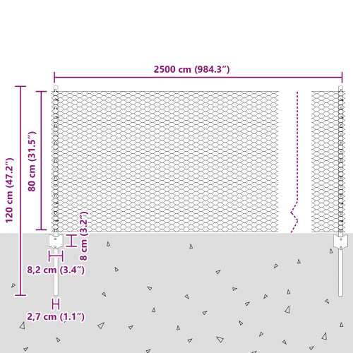 Stupovi ograde 11 kom U-kanal 80 cm Pocinčana čelika, Šesterokutna ograda 0.8x25 m Pocinčana čelika Cijena
