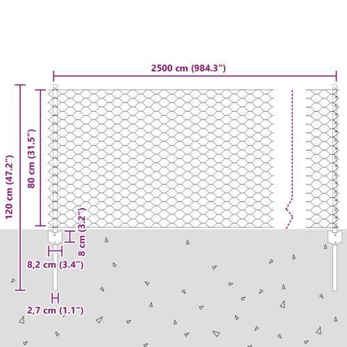 Ograda postovi 11 kom U-kanal siva 80 cm čelik, Šesterokutna ograda siva 0.8x25 m čelik Cijena