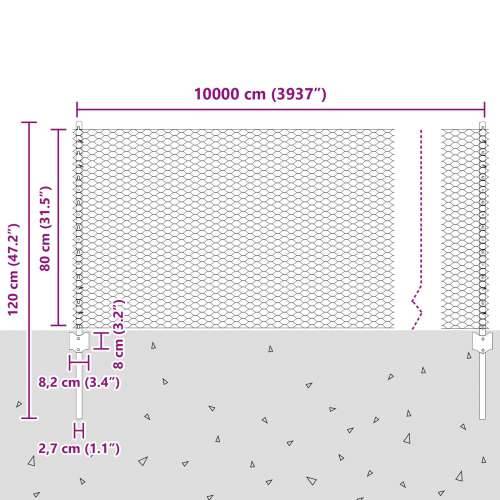 Ograda stupovi 11 kom U-kanal siva 80 cm čelik, Šesterokutna ograda siva 0.8x100 m čelik Cijena