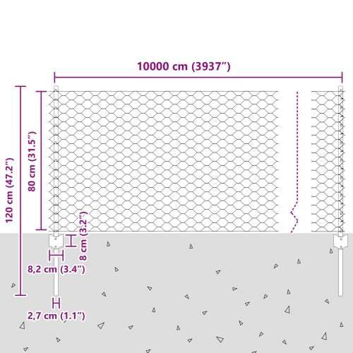 Ogradni stubovi 11 kom U-kanal siva 80 cm čelik, Šesterokutna ograda siva 0.8x100 m čelik Cijena