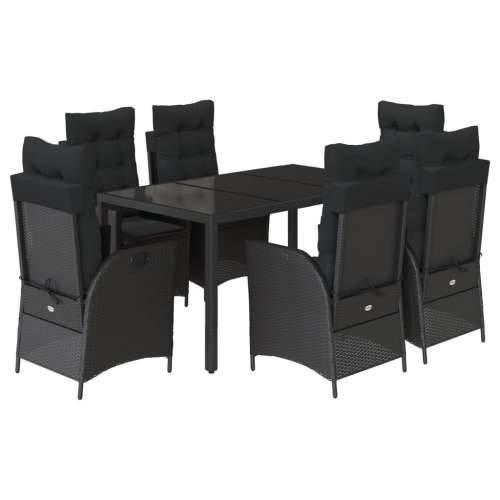Vrtna garnitura - 7-dijelni vrtni blagovaonski set s jastucima crni od poliratana - Crna 150 x 90 x 75 cm Bez naslona za noge 6 Cijena