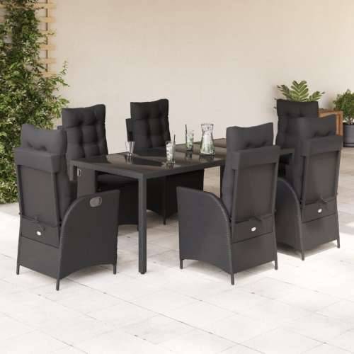 Vrtna garnitura - 7-dijelni vrtni blagovaonski set s jastucima crni od poliratana - Crna 190 x 90 x 75 cm Bez naslona za noge 6 Cijena