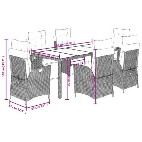 Vrtna garnitura - 7-dijelni vrtni blagovaonski set s jastucima crni od poliratana - Crna 190 x 90 x 75 cm Bez naslona za noge 6 Cijena