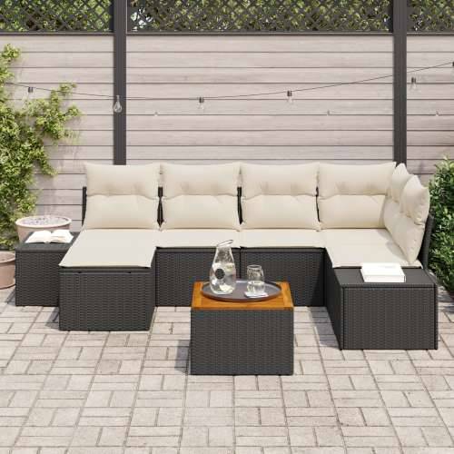 Set od 7 komada Vrtni Sofa Set s Jastučićima Crni Poli Ratan Akacija Cijena