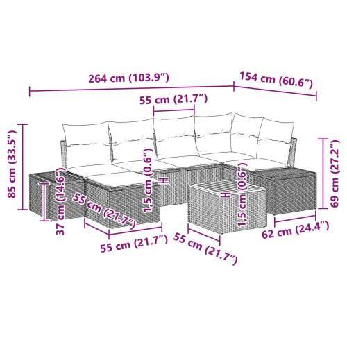 Set od 7 komada Vrtni Sofa Set s Jastučićima Crni Poli Ratan Akacija Cijena