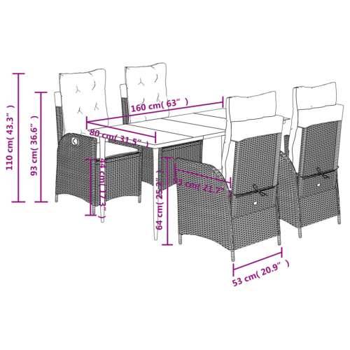 Vrtna garnitura - 5-dijelni vrtni blagovaonski set s jastucima od poliratana crni - 160 x 80 x 74 cm Bez naslona za noge 4 Cijena