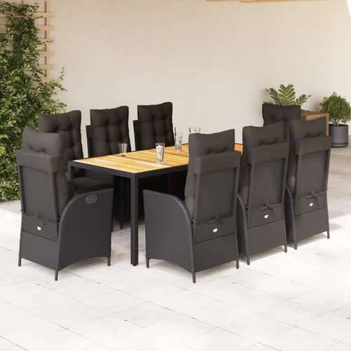 Vrtna garnitura - 9-dijelni vrtni blagovaonski set s jastucima crni od poliratana - Crna Dužina stola 190 cm 8 Cijena