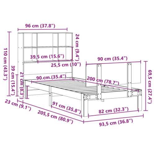 Krevet s regalom za knjige bez madraca 90x200 cm od borovine - Prirodna 90 x 200 cm Cijena