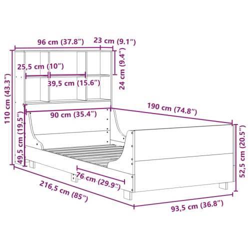 Krevet s regalom za knjige bez madraca 90x190 cm masivno drvo - Smeđa 90 x 190 cm Cijena