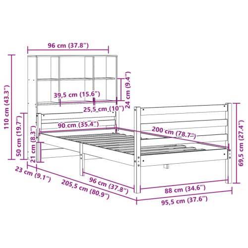 Krevet s regalom za knjige bez madraca 90x200 cm od borovine - Prirodna 90 x 200 cm Cijena