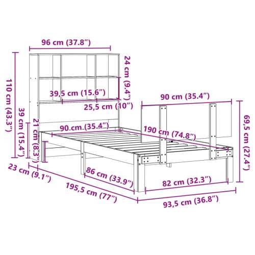 Krevet s regalom za knjige bez madraca 90x190 cm od borovine - Prirodna 90 x 190 cm Cijena