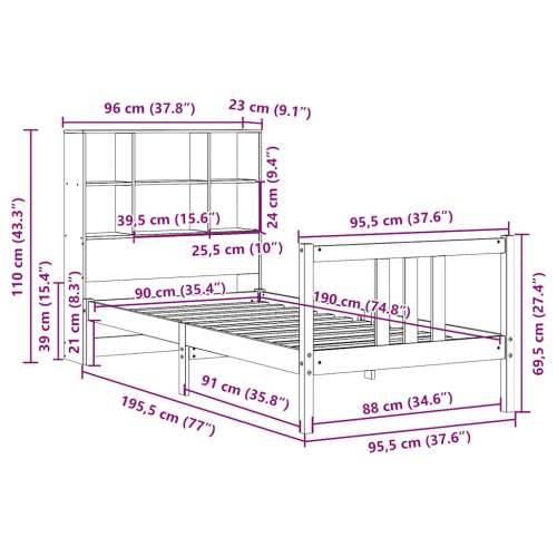 Krevet s regalom za knjige bez madraca 90x190 cm od borovine - Prirodna 90 x 190 cm Cijena
