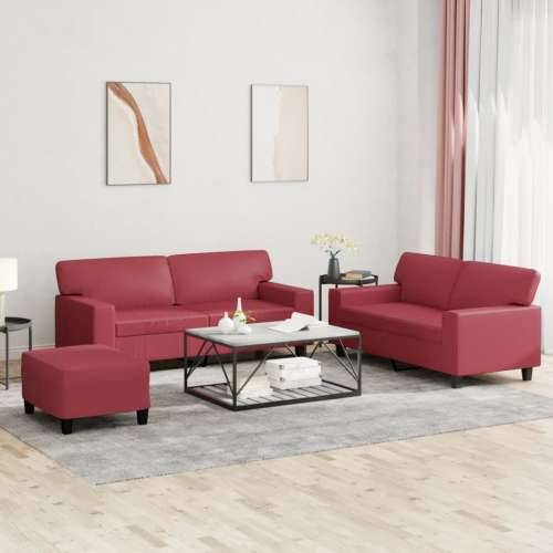 3-dijelna sofa garnitura vino crvena umjetna koža - boja crnog vina s jastučićima i tabureom Cijena