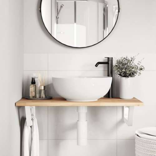 Zidna polica za Lavabo - Umivaonik od čelika i masivnog bagremovog drva - Smeđa i bijela 80 x 40 x 2 cm 1 Trapez Cijena