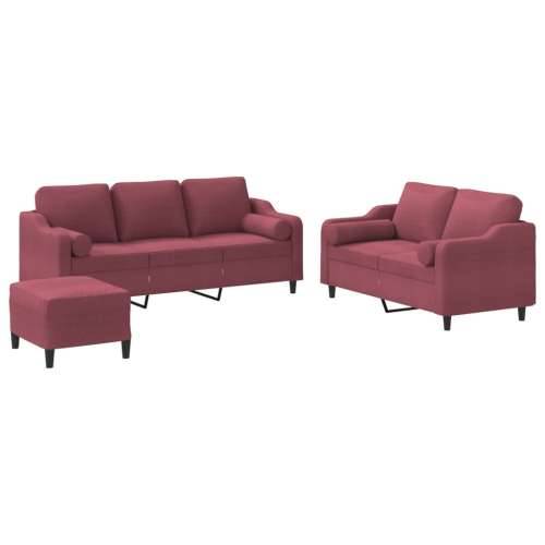 3-dijelni set sofa s jastucima crvena boja vina od tkanine - boja crnog vina s jastucima i tabureom Cijena