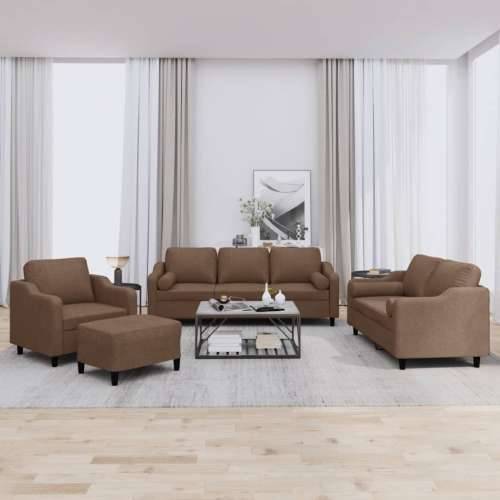 4-dijelni set sofa s jastucima smeđi od tkanine - Smeđa s jastucima i tabureom Cijena