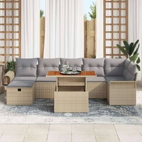 Set od 8 dijelova vrtne sofe s jastučićima bež poly rattan Cijena