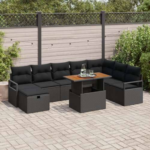 9-dijelni vrtni sofa set s jastučićima crni poli ratan, 2-sjedalni vrtni sofa s pohranom i jastučićima crni poli ratan Cijena