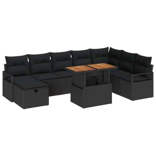 9-dijelni vrtni sofa set s jastučićima crni poli ratan, 2-sjedalni vrtni sofa s pohranom i jastučićima crni poli ratan Cijena