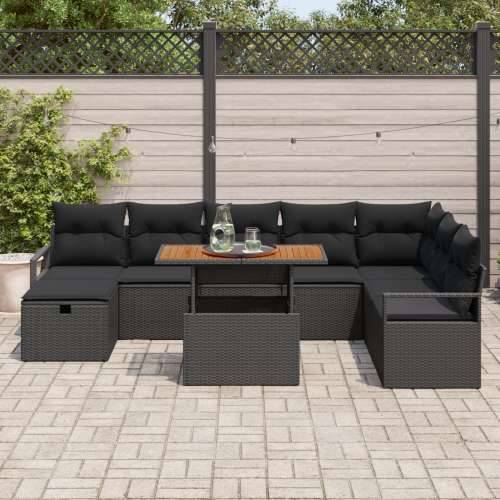 9-dijelni vrtni sofa set s jastučićima crni poli ratan, 2-sjedalni vrtni sofa s pohranom i jastučićima crni poli ratan Cijena