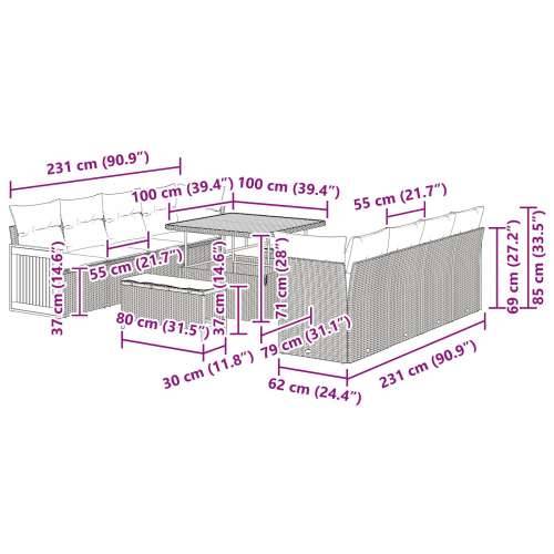 set vrtnog namještaja od 11 komada s jastučićima crni poli ratan akacija, 2-sjedna vrtna sofa s jastučićima crni poli ratan, set Cijena