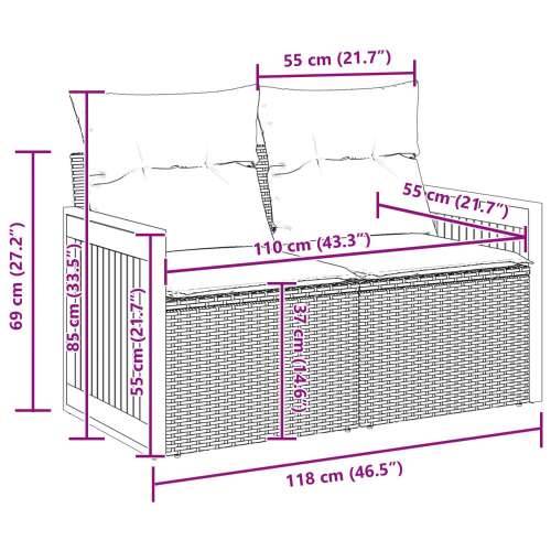 set vrtnog namještaja od 11 komada s jastučićima crni poli ratan akacija, 2-sjedna vrtna sofa s jastučićima crni poli ratan, set Cijena