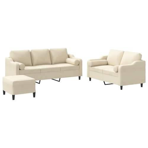 3-dijelni set sofa s jastucima krem od mikrovlakana - Krema s jastucima i tabureom Cijena