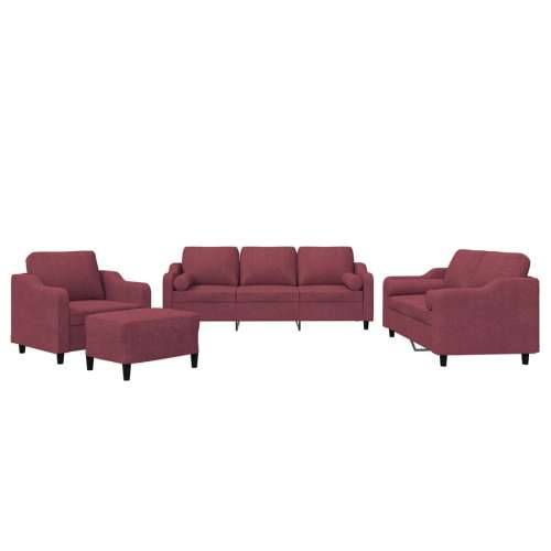 4-dijelni set sofa s jastucima crvena boja vina od tkanine - boja crnog vina s jastucima i tabureom Cijena