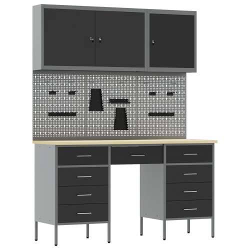Set radnog ormara i oglasne ploče s 8 dijelova - crni MDF i metal Cijena