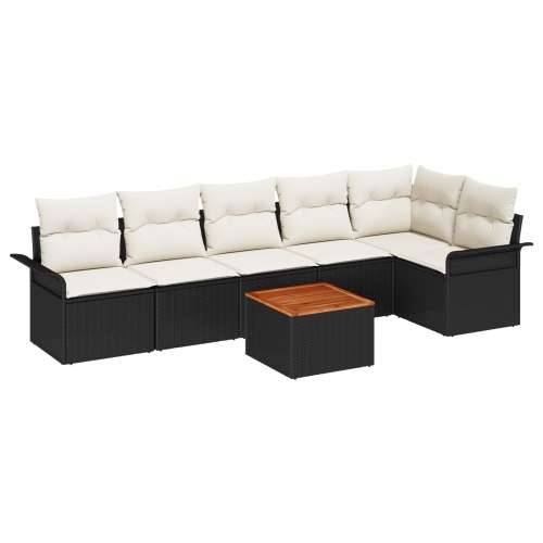 set od 7 komada vrtne sofe s jastucima crni poli ratan akacija, 2-sjedna vrtna sofa s odlaganjem i jastucima crni poli ratan Cijena