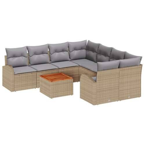 9-dijelni Vrtni Sofa Set s Jastučima Bež Poli Ratan Akacija, 2-sjedalo Vrtni Sofa s Odlaganjem i Jastučima Bež Poli Ratan Cijena