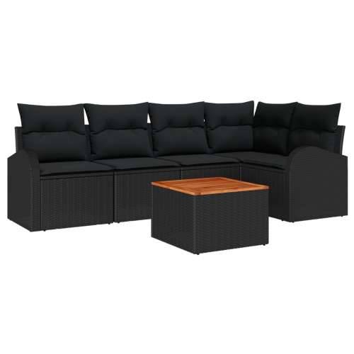 Set od 6 komada Vrtne Sofe s Jastucima Crna Poli Ratan Akacija, 2-sjedalna Vrtna Sofa s Odjeljkom & Jastucima Crna Poli Ratan Cijena