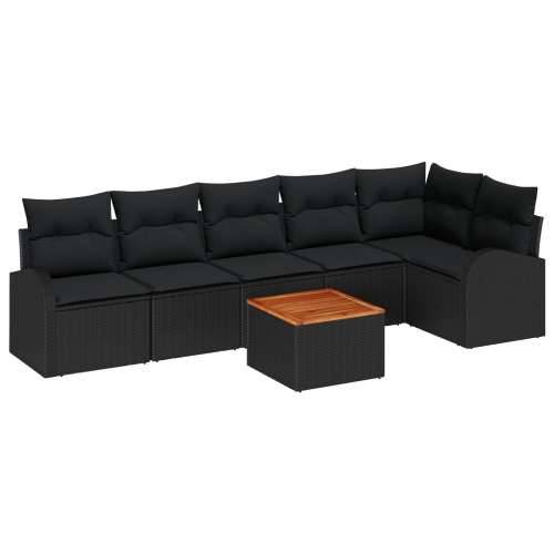 Set od 7 komada vrtne sofe s jastučićima crni poliratanski akacija, 2-sjedna vrtna sofa s prostorom za pohranu i jastučićima crn Cijena