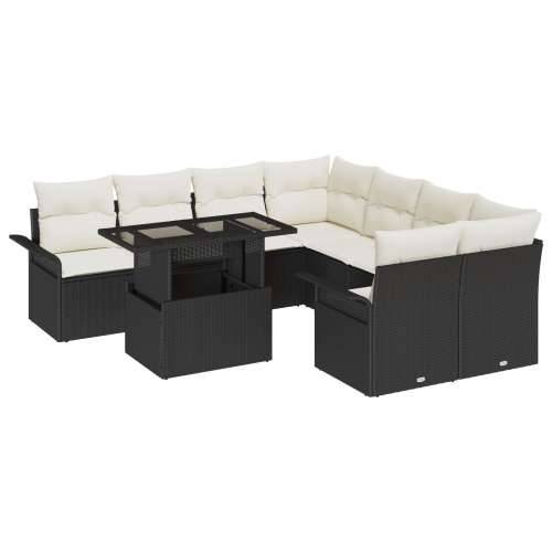 9-dijelni vrtni sofa set s jastucima - Crni poli ratan, 2-sjedalna vrtna sofa s skladištem i jastucima - Crni poli ratan Cijena