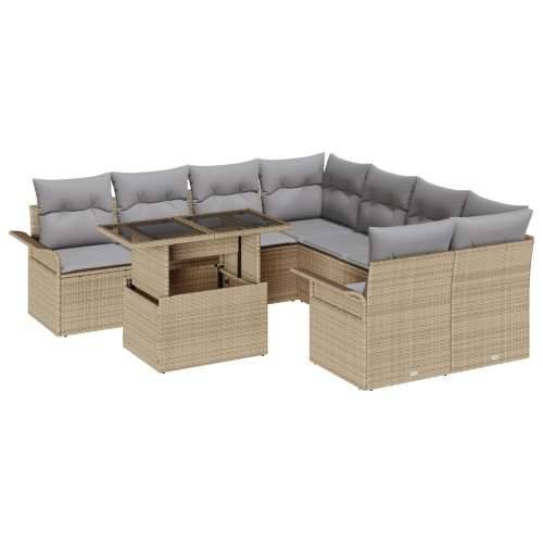 set od 9 dijelova s jastučićima bež poli ratan, 2-sjedalna sofa s odlaganjem & jastučićima bež poli ratan Cijena