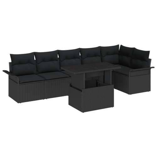 set vrtnog namještaja od 7 dijelova s jastucima crni poli ratan, dvosed vrtna sofa s prostorom za pohranu i jastucima crni poli  Cijena